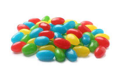 Photo of Pile of tasty bright jelly beans isolated on white