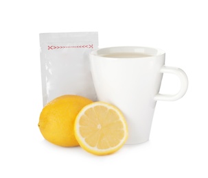 Photo of Cup of hot tea, lemon and cold remedy on white background