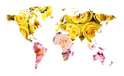 Image of World map made of beautiful flowers on white background, banner design