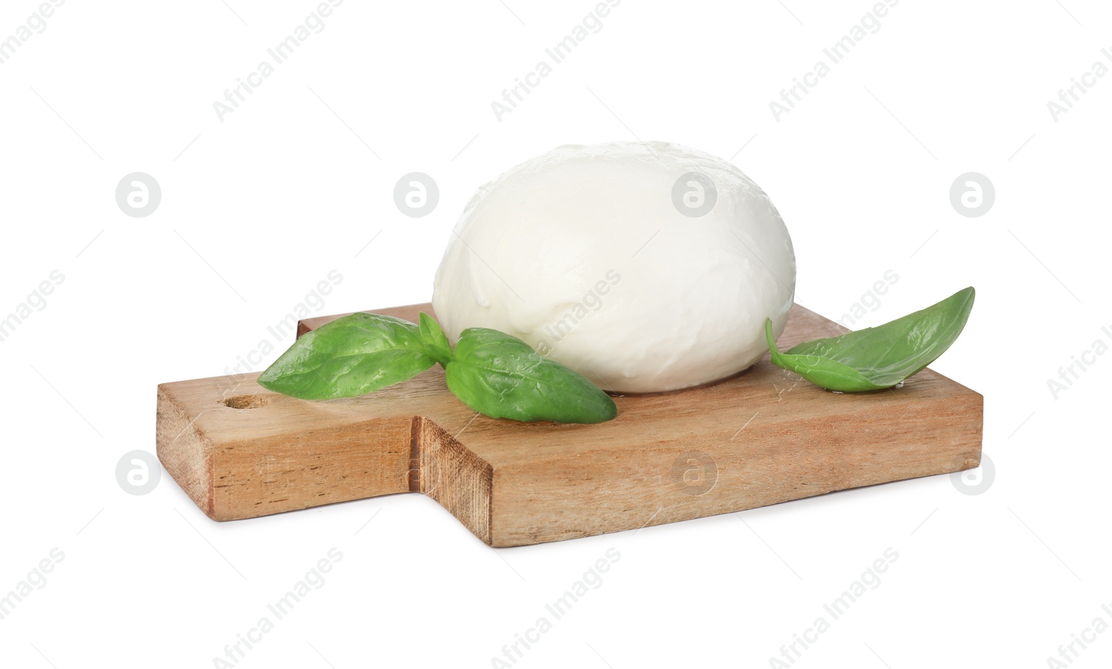 Photo of Wooden board with delicious mozzarella cheese ball and basil on white background