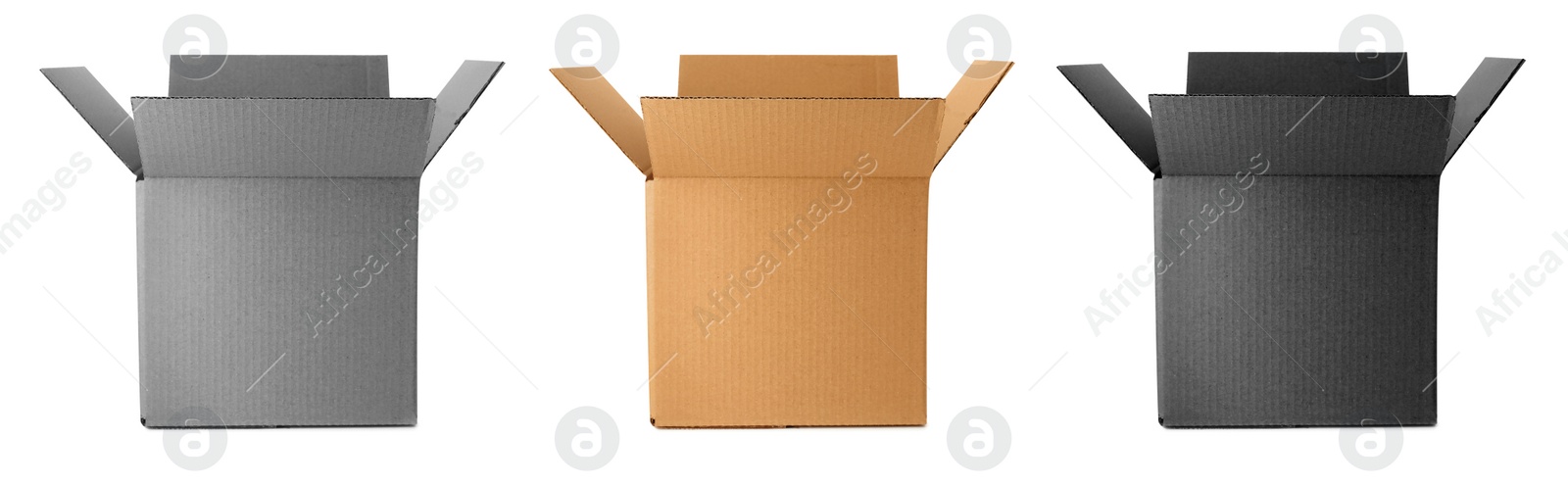 Image of Set of open cardboard boxes on white background. Banner design