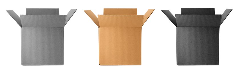 Image of Set of open cardboard boxes on white background. Banner design