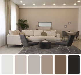 Color palette and photo of stylish living room interior. Collage