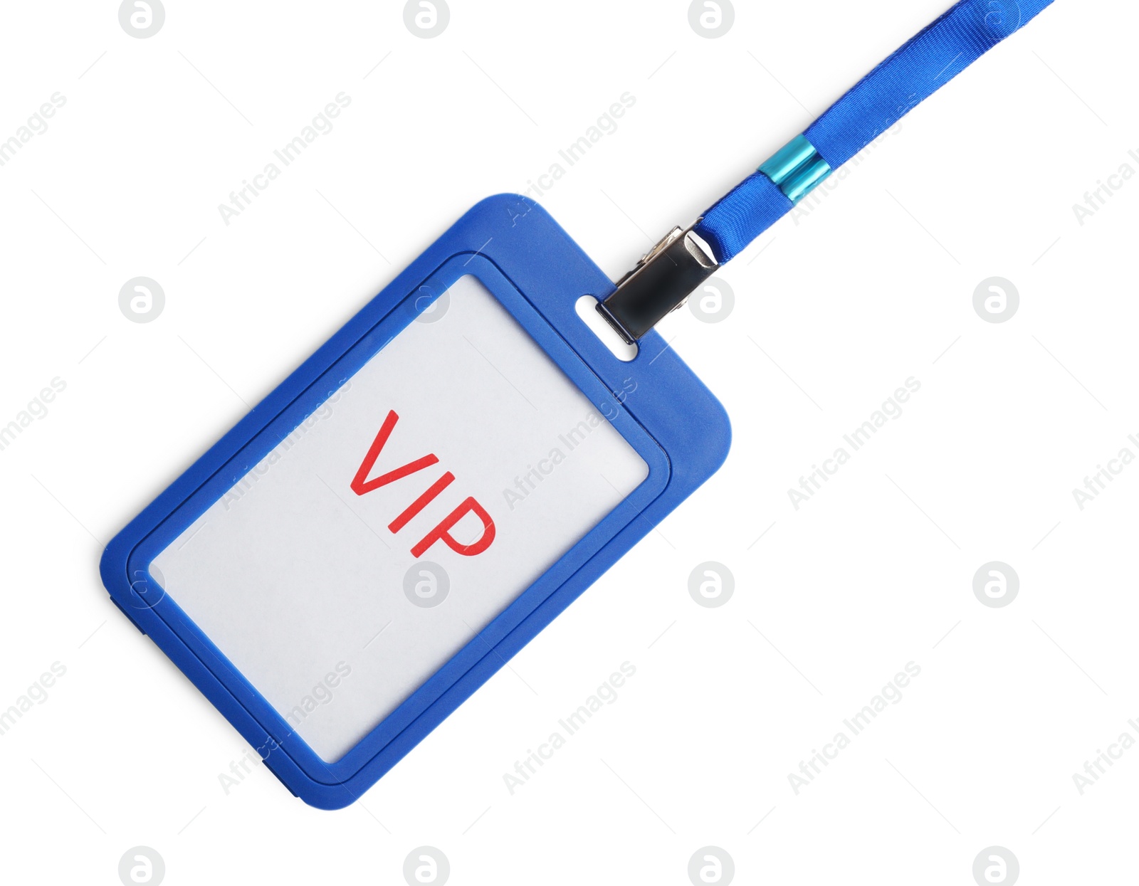 Photo of Blue vip badge isolated on white, top view