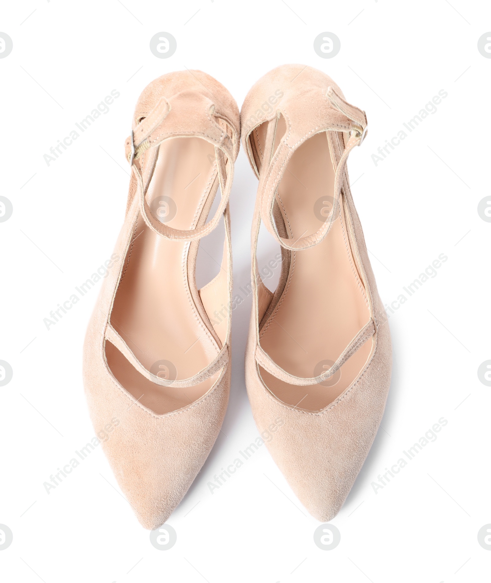 Photo of Pair of beautiful shoes on white background, top view