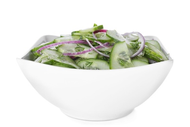 Photo of Fresh tasty salad with cucumber in bowl on white background