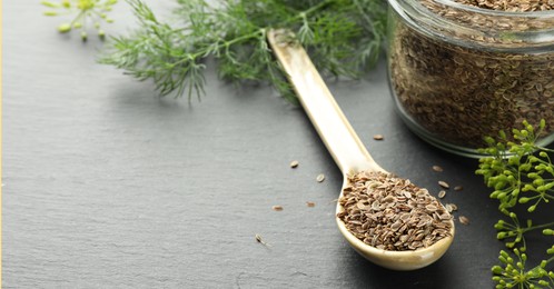 Image of Dill seeds in spoon and jar on grey table. Banner design with space for text