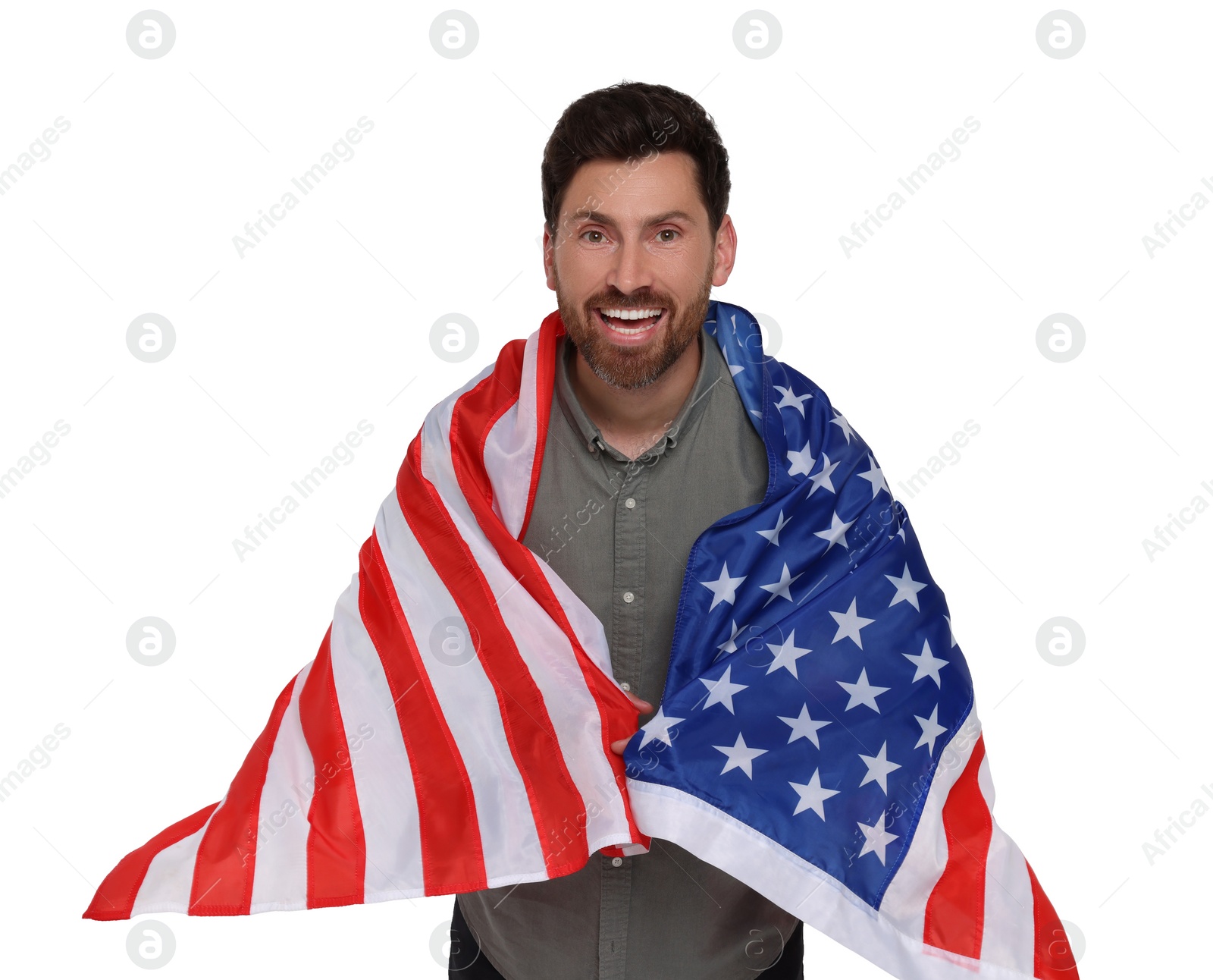 Image of 4th of July - Independence day of America. Happy man with national flag of United States on white background