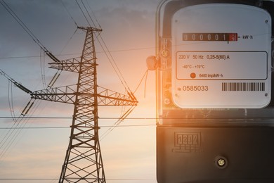 Double exposure of electricity meter and high voltage tower with transmission power lines