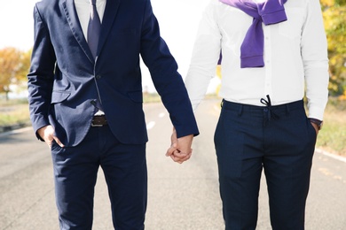 Photo of Gay couple holding hands outdoors, closeup view