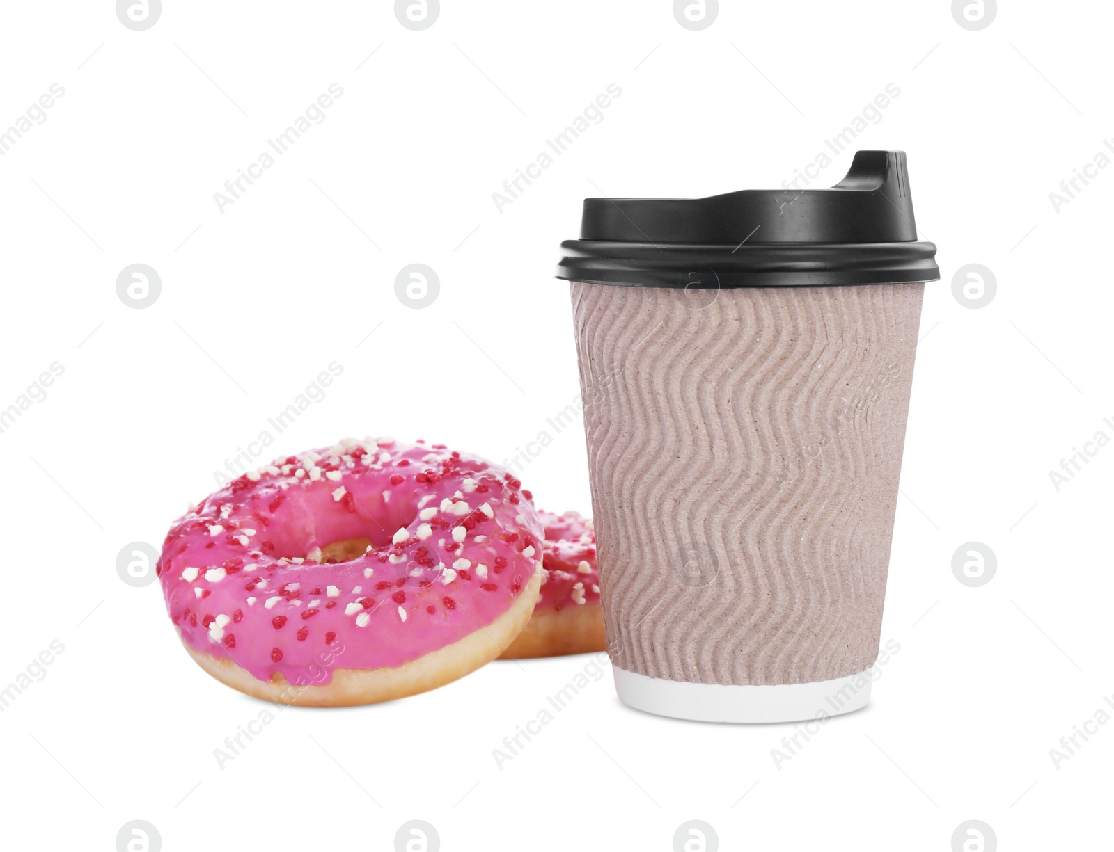 Photo of Tasty fresh donuts and hot drink isolated on white