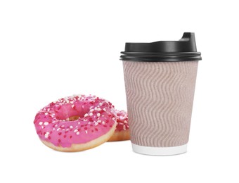 Photo of Tasty fresh donuts and hot drink isolated on white