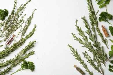 Flat lay composition with rosemary and space for text on light background. Aromatic herbs