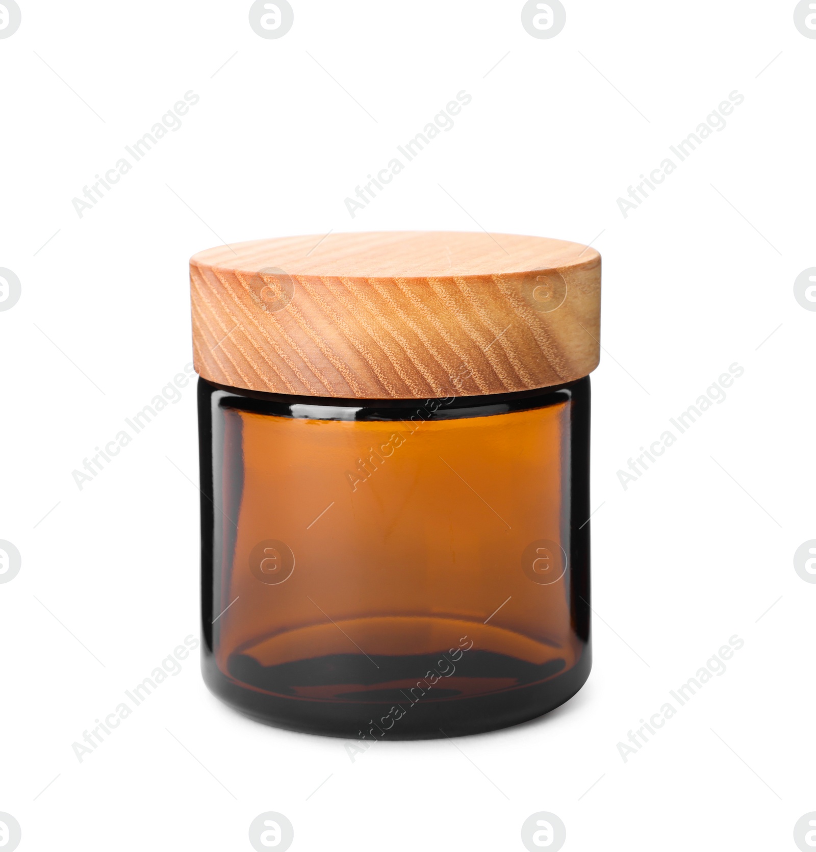 Photo of New empty glass jar with wooden lid isolated on white