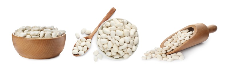 Image of Set with uncooked beans on white background. Banner design