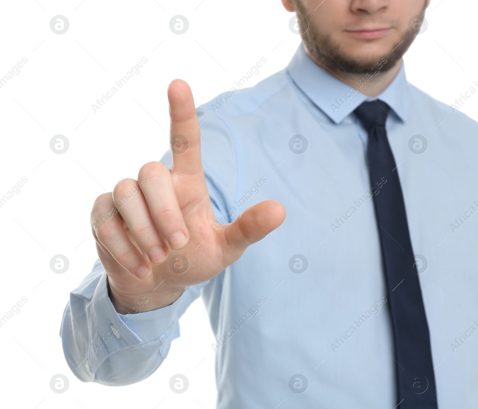 Photo of Businessman touching something against white background, focus on hand