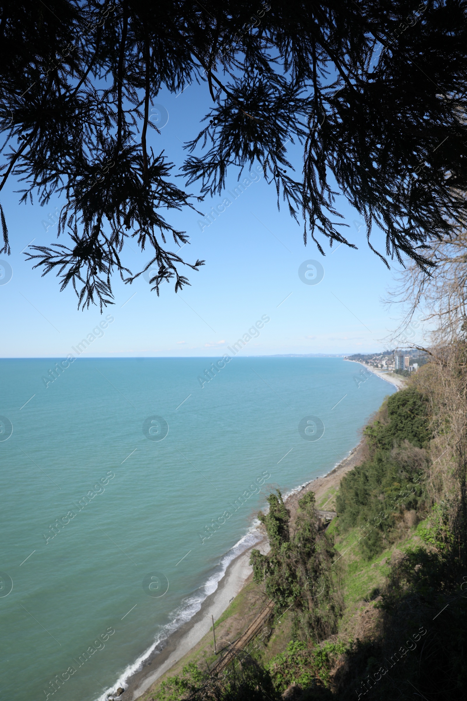 Photo of Picturesque view of beautiful sea, green hills and distant city on sunny day