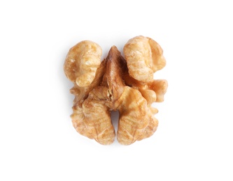 Photo of Half of tasty walnut on white background, top view
