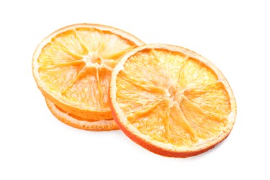 Photo of Delicious dry orange slices on white background