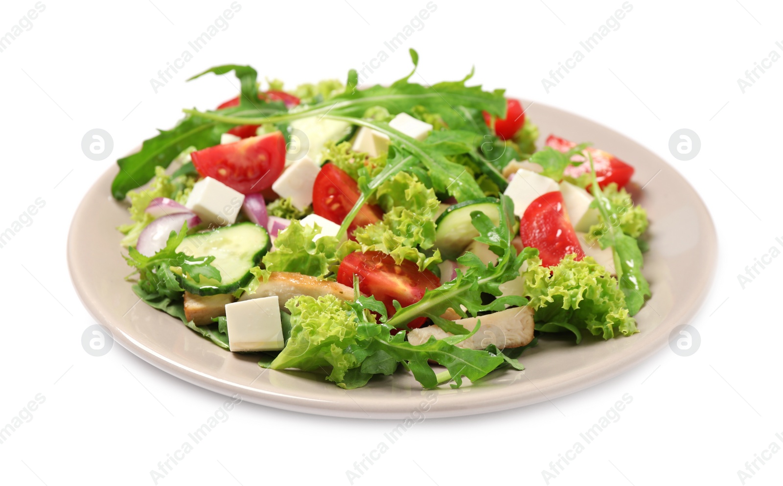 Photo of Delicious salad with meat, arugula and vegetables isolated on white