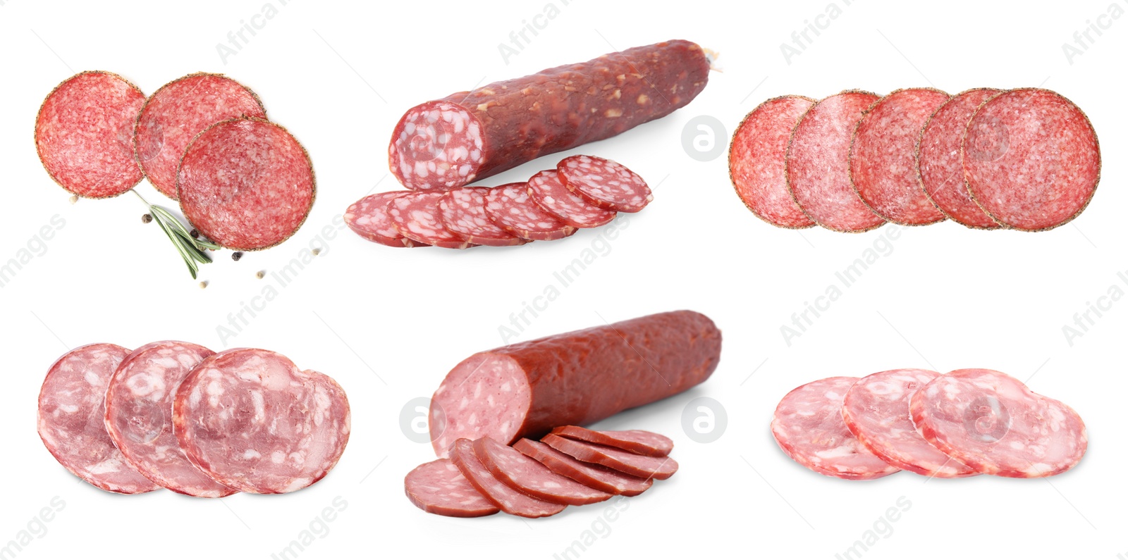 Image of Collage with different delicious sausages on white background