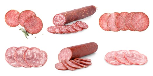 Image of Collage with different delicious sausages on white background