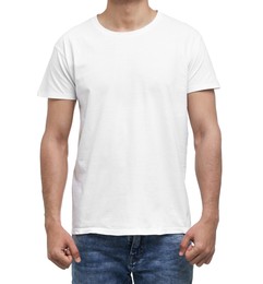 Photo of Man in t-shirt on white background, closeup