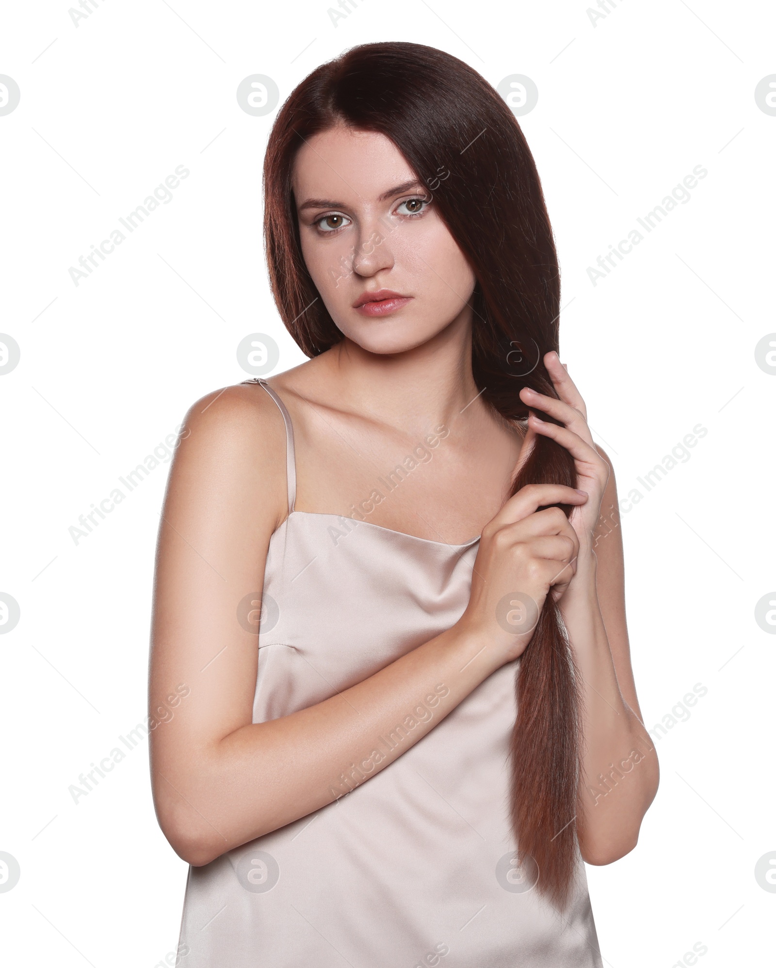 Photo of Portrait of beautiful young woman with healthy strong hair on white background