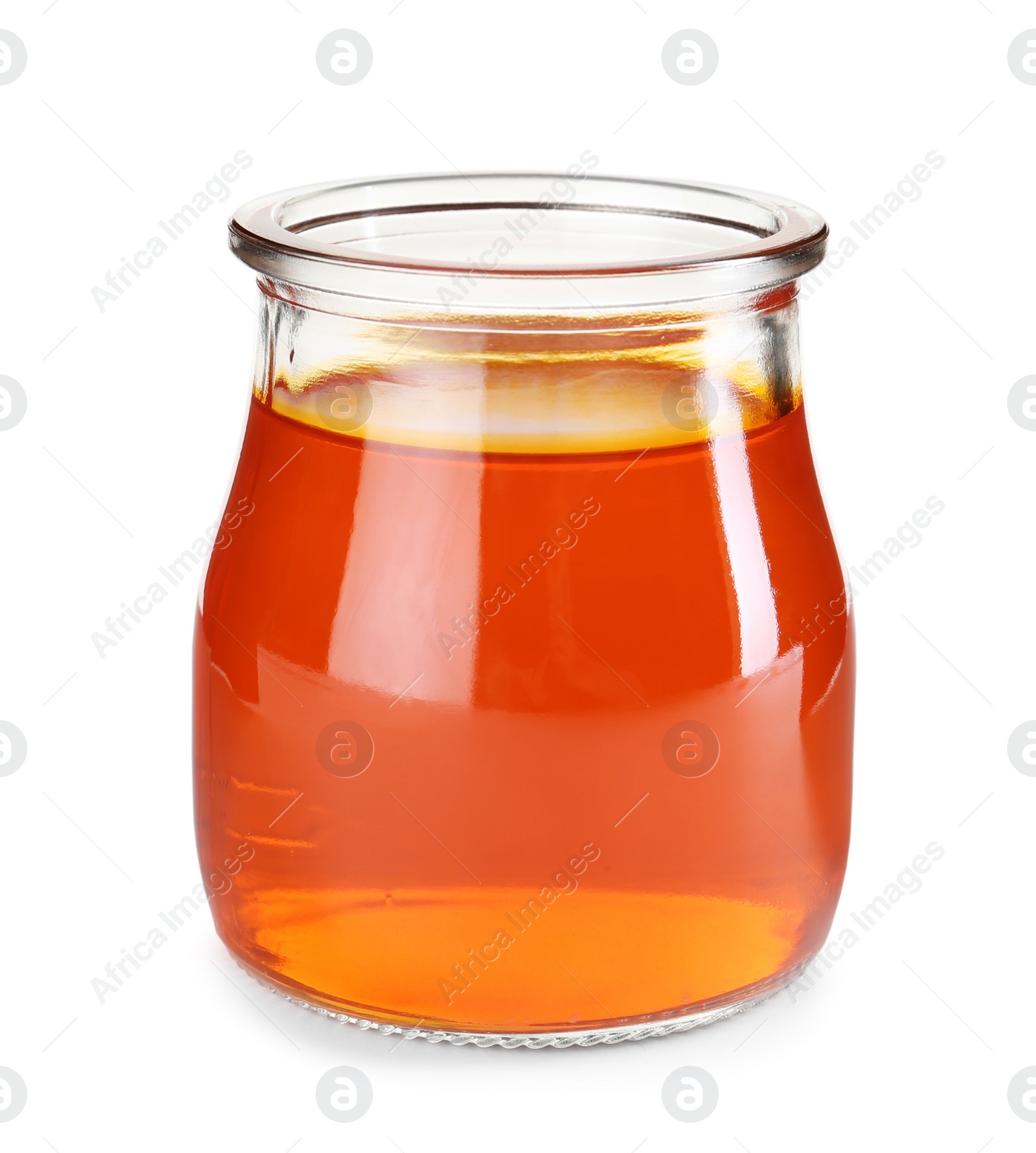 Photo of Tasty colorful jelly in glass jar on white background