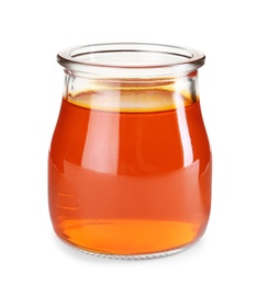 Photo of Tasty colorful jelly in glass jar on white background