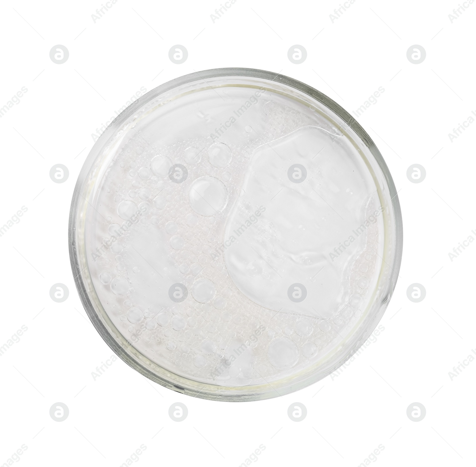 Photo of Petri dish with liquid sample isolated on white, top view