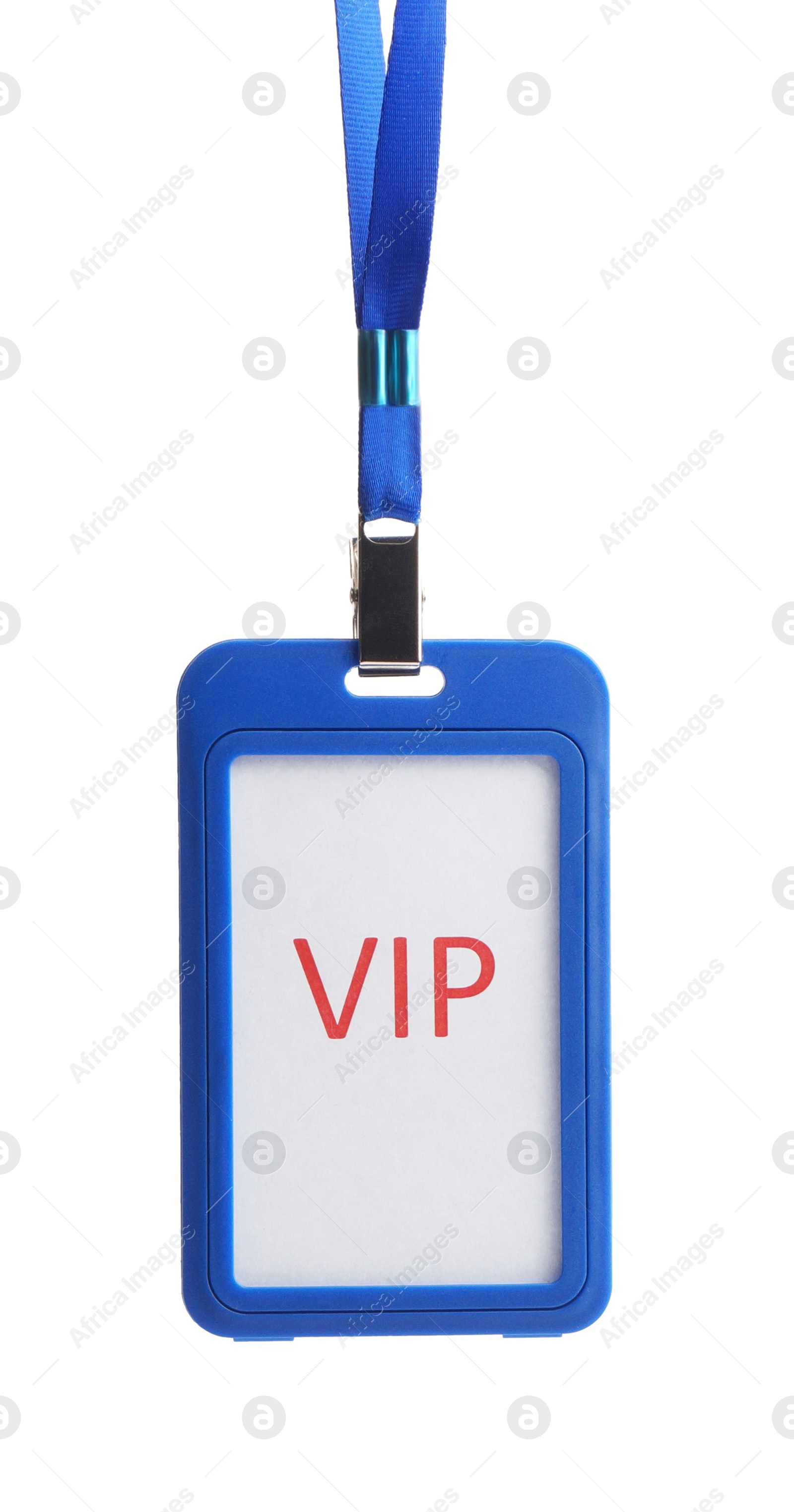 Photo of Blue plastic VIP badge hanging on white background