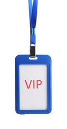 Photo of Blue plastic VIP badge hanging on white background