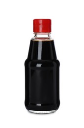 Bottle of tasty soy sauce isolated on white