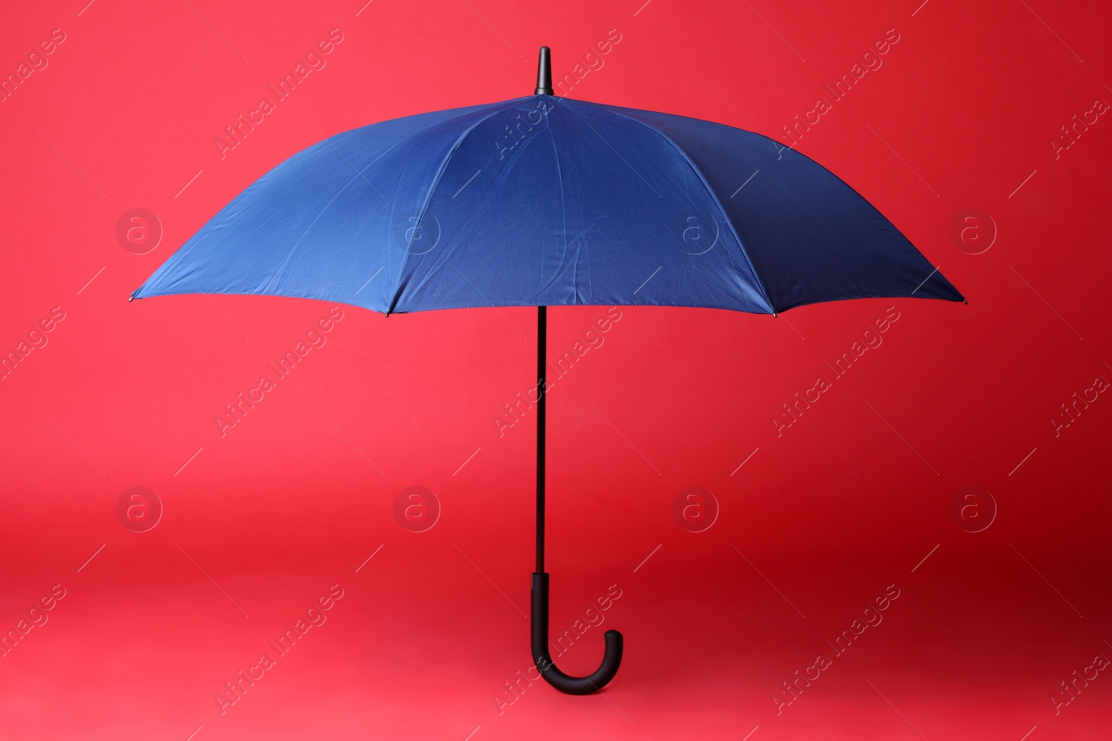 Photo of Stylish open blue umbrella on red background