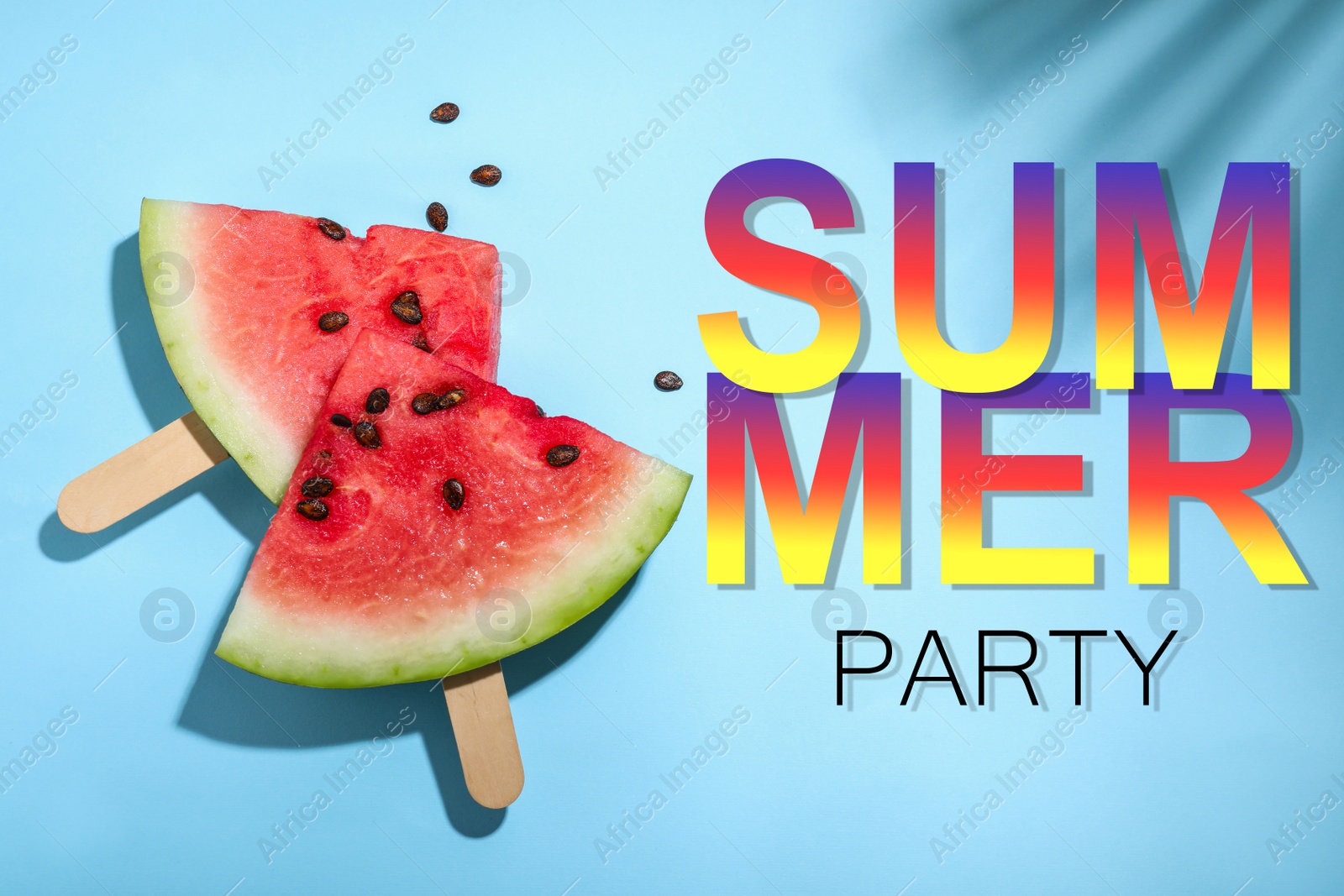 Image of Delicious ripe watermelon on light blue background, flat lay. Summer Party