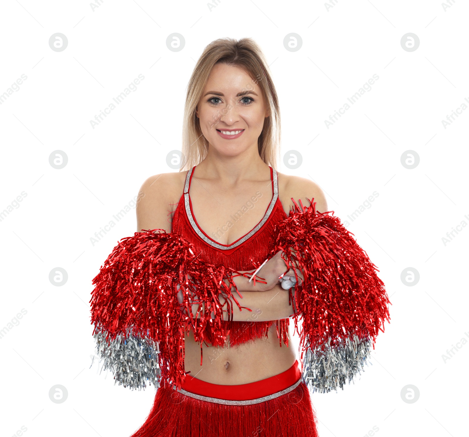 Image of Beautiful cheerleader in costume holding pom poms on white background