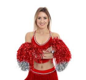 Image of Beautiful cheerleader in costume holding pom poms on white background