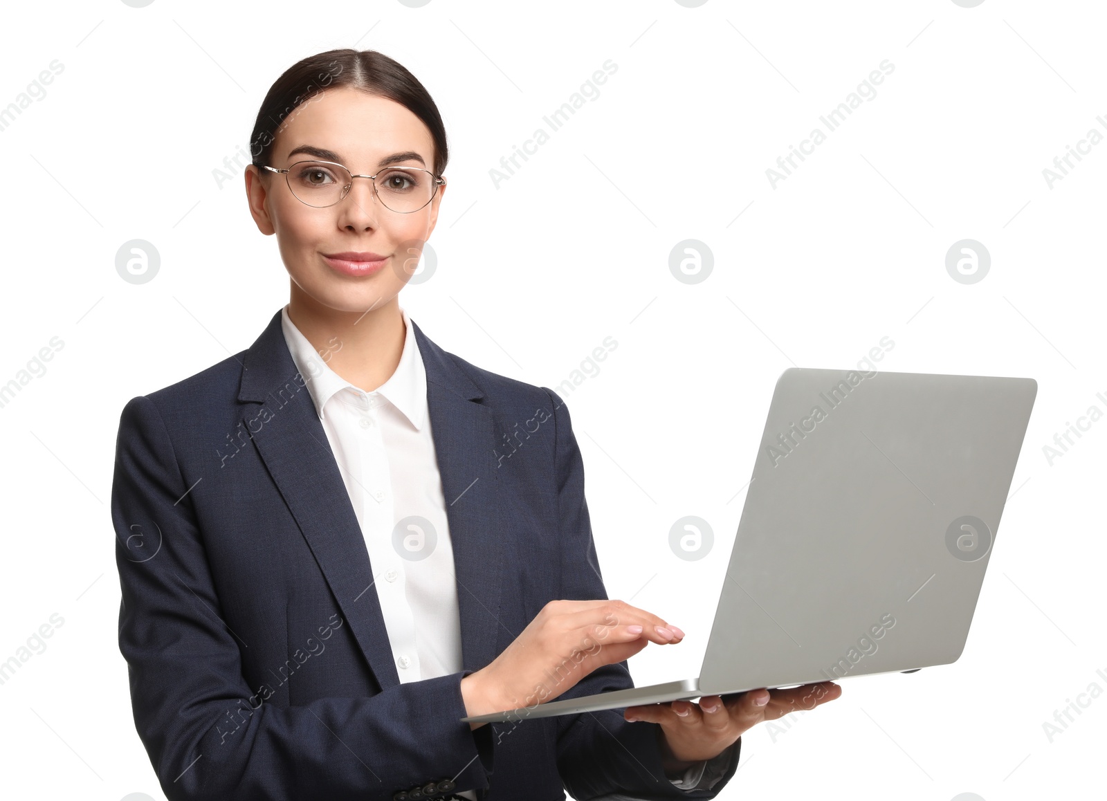 Photo of Young businesswoman with laptop on white background