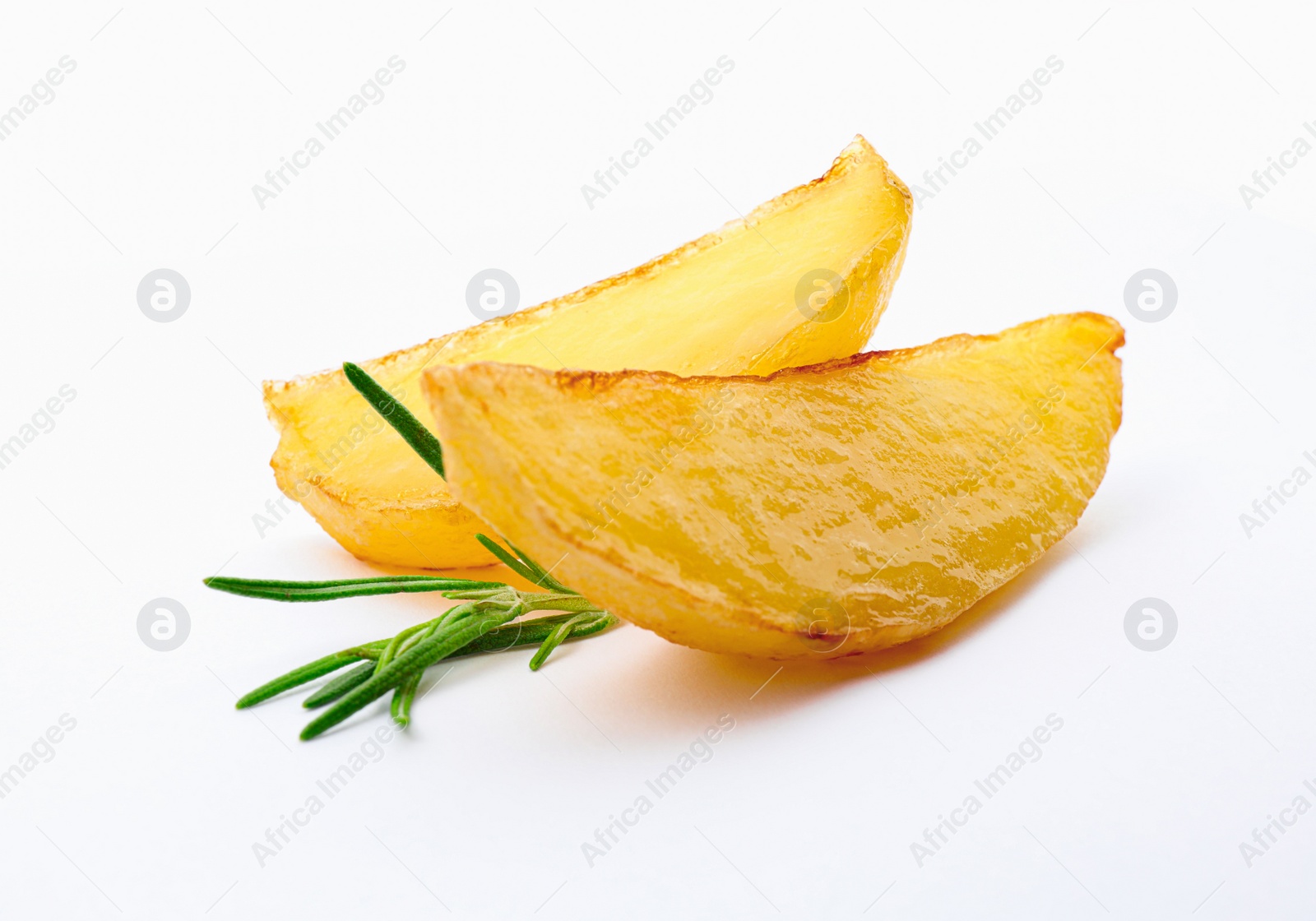 Photo of Tasty baked potato wedges with rosemary on white background