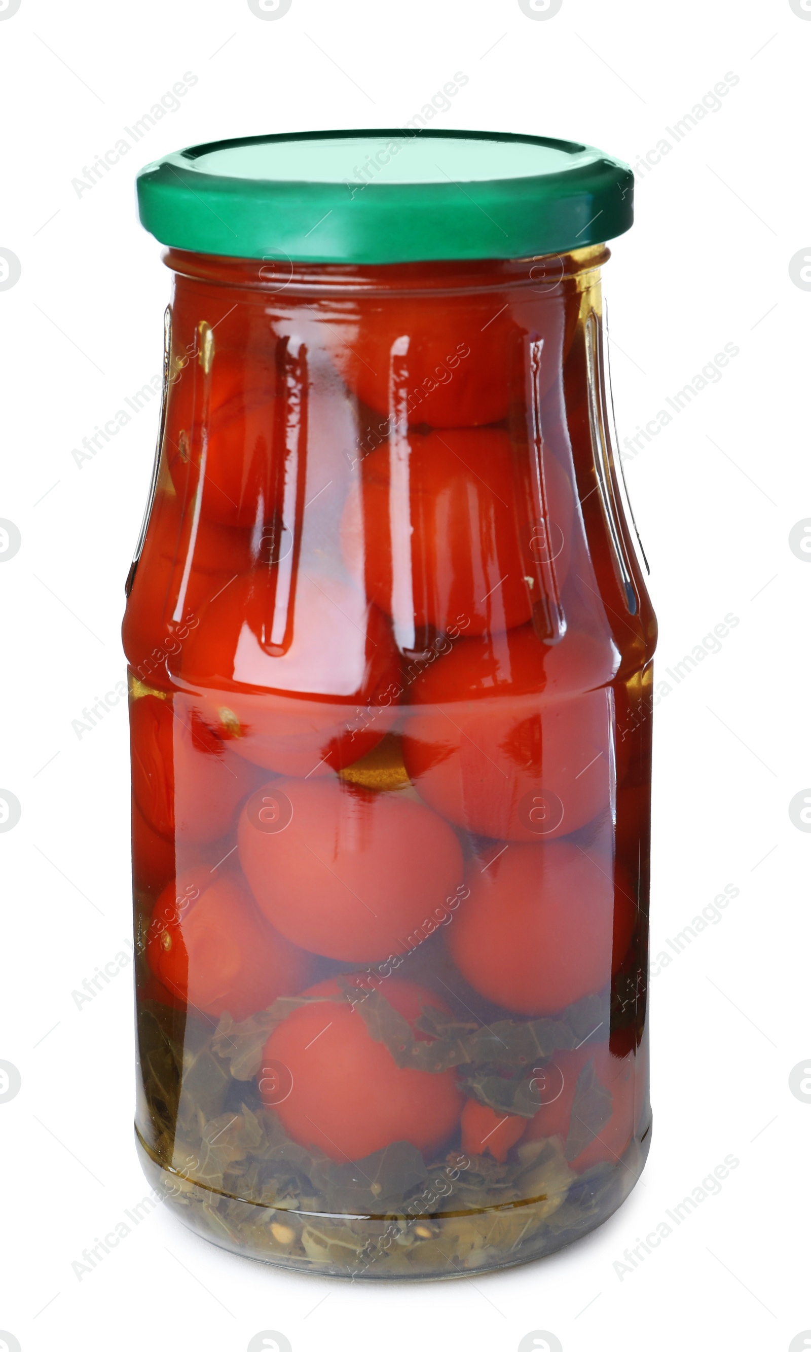 Photo of Glass jar with pickled tomatoes isolated on white