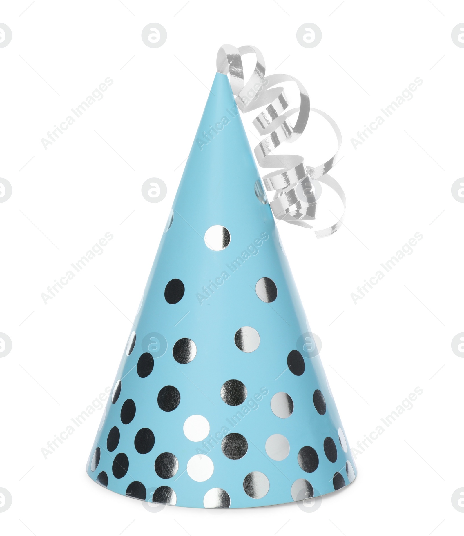 Photo of Bright party hat with streamers isolated on white. Festive accessory