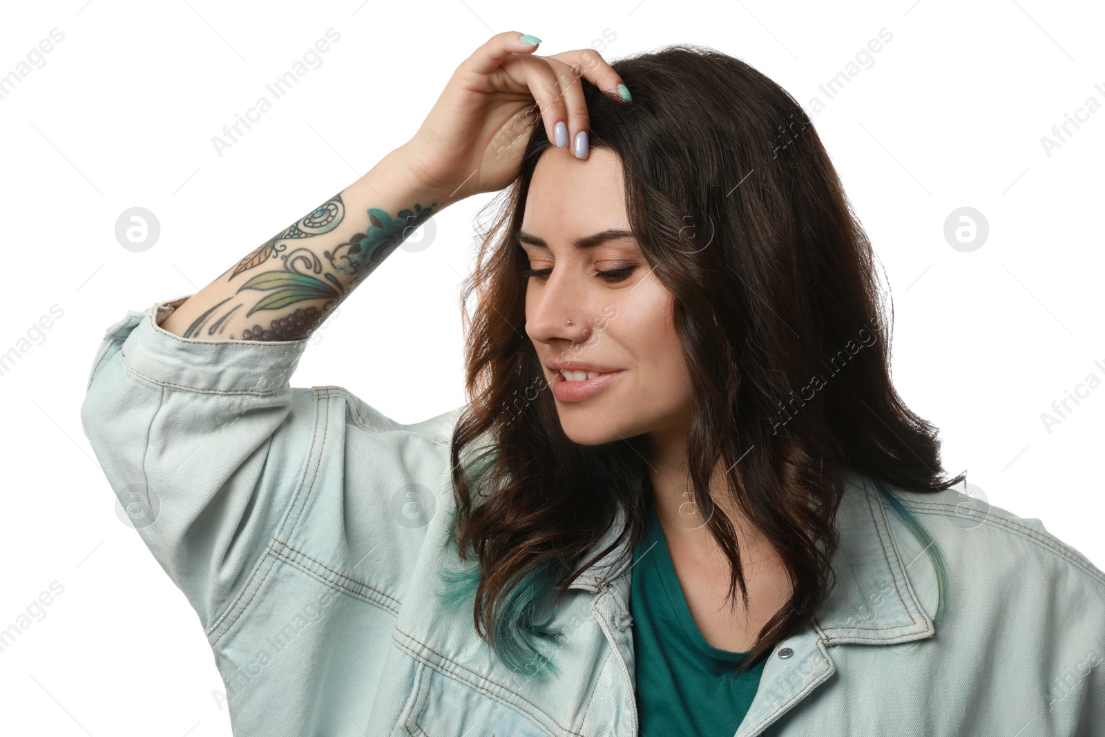 Photo of Beautiful young woman with nose piercing on white background