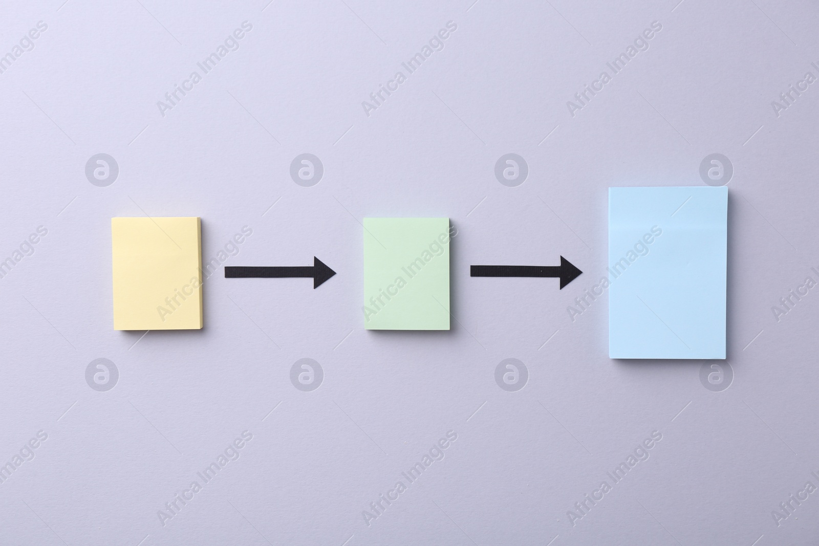 Photo of Business process organization and optimization. Scheme with paper notes and arrows on light grey background, top view