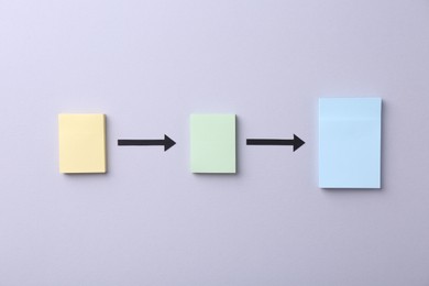 Photo of Business process organization and optimization. Scheme with paper notes and arrows on light grey background, top view