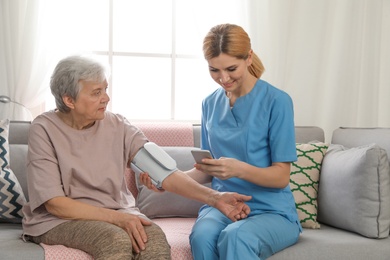 Photo of Nurse measuring blood pressure of elderly woman indoors. Assisting senior people