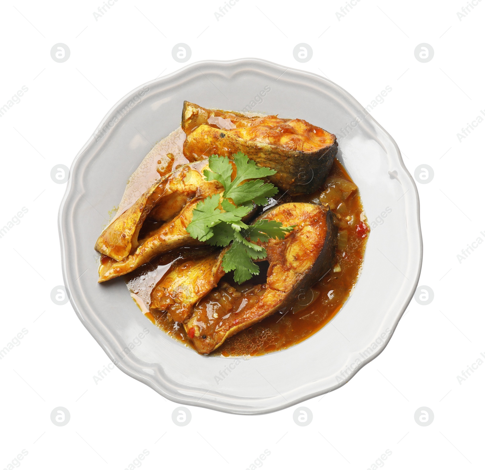 Photo of Tasty fish curry on white background, top view. Indian cuisine