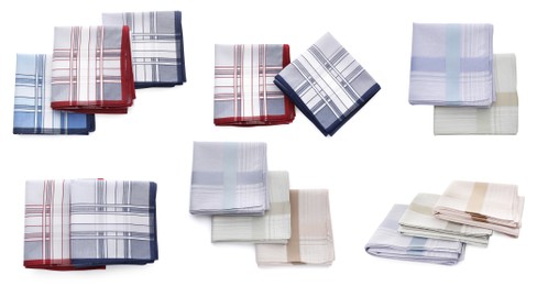 Image of Set with different handkerchiefs on white background 