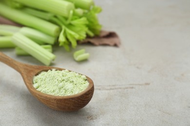 Photo of Natural celery powder in wooden spoon on grey table, closeup. Space for text