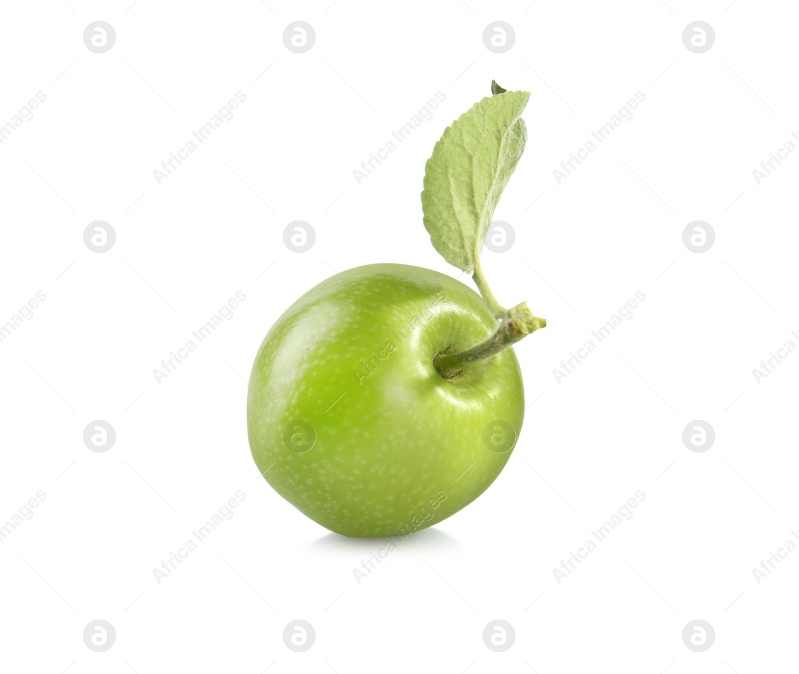 Photo of Fresh green apple with leaf isolated on white